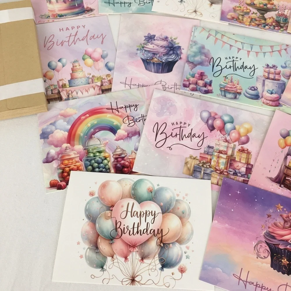 Assortment of 20 Cupcake Birthday Cards Pastel Pink Purple With Envelopes NEW